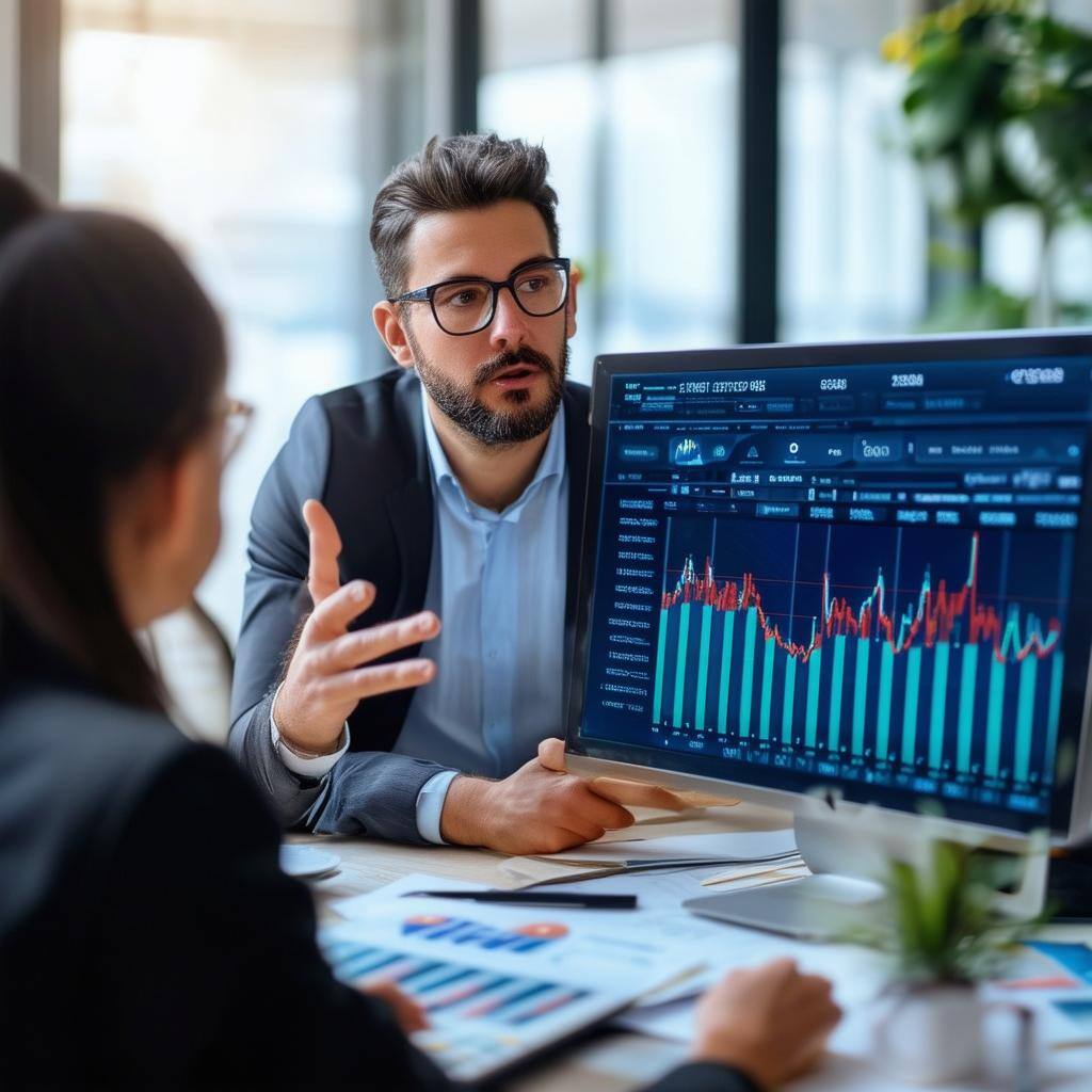 Investor discussing cryptocurrency investment opportunity with chart with consultant looking at screen