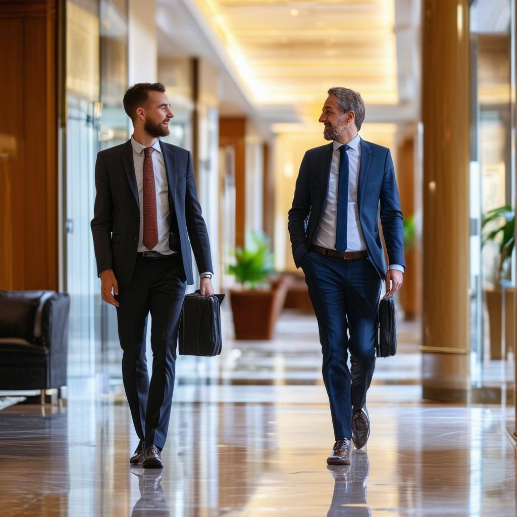 a investor with a consultant walking through a hotel in london